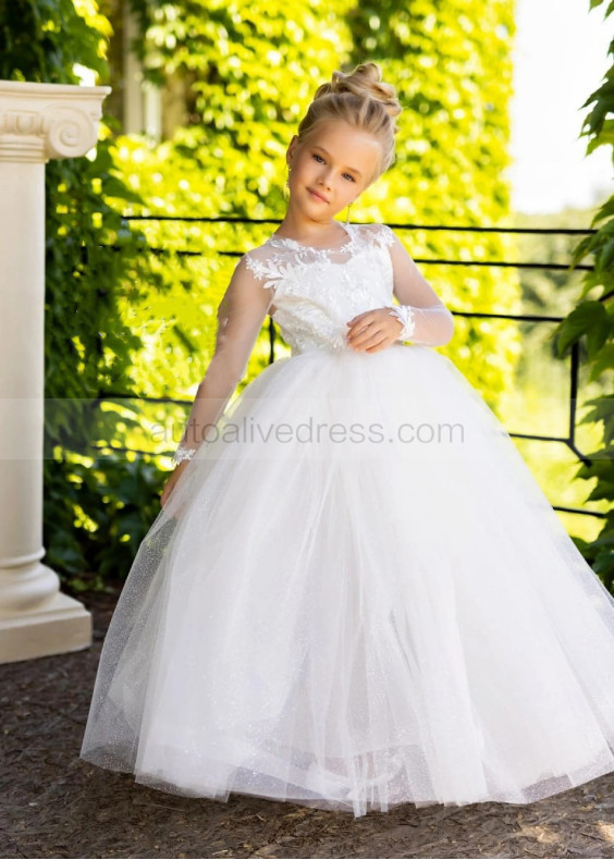 Ivory Lace Glitter Tulle Flower Girl Dress With Removable Train